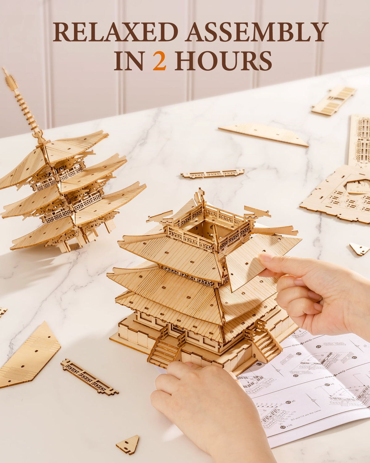 Robotime Wooden 3D Puzzle for Adult to Build, Five-storied Pagoda Model Building Kit, 275PCS DIY Puzzle Toys Craft Kits, Gifts for Kids Adults