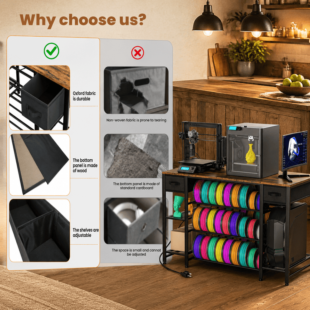 Rectangular Brown Heavy Duty Metal 3D Printer Table with Storage Drawer and Power Hub