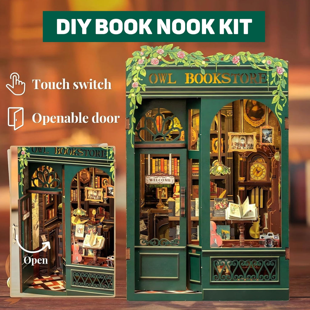 Book Nook Kit, DIY Scene Miniature House Kit Tiny House Mini Booknook Craft Bookshelf Decor, 3D Puzzles for Adults, 139 Wooden Pieces, Scale Library Model, Gifts for Book Lovers（OWL Bookstore）