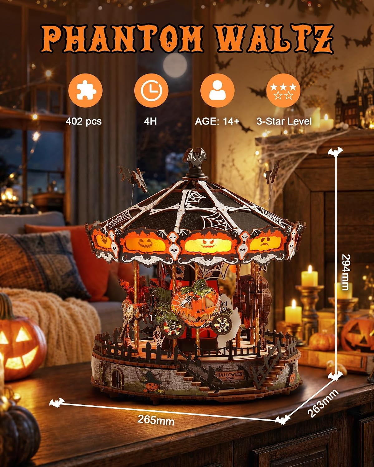Rolife Phantom Waltz DIY Music Box, 3D Wooden Puzzle with Rotating Halloween Carousel, LED Lights and Music for Adults