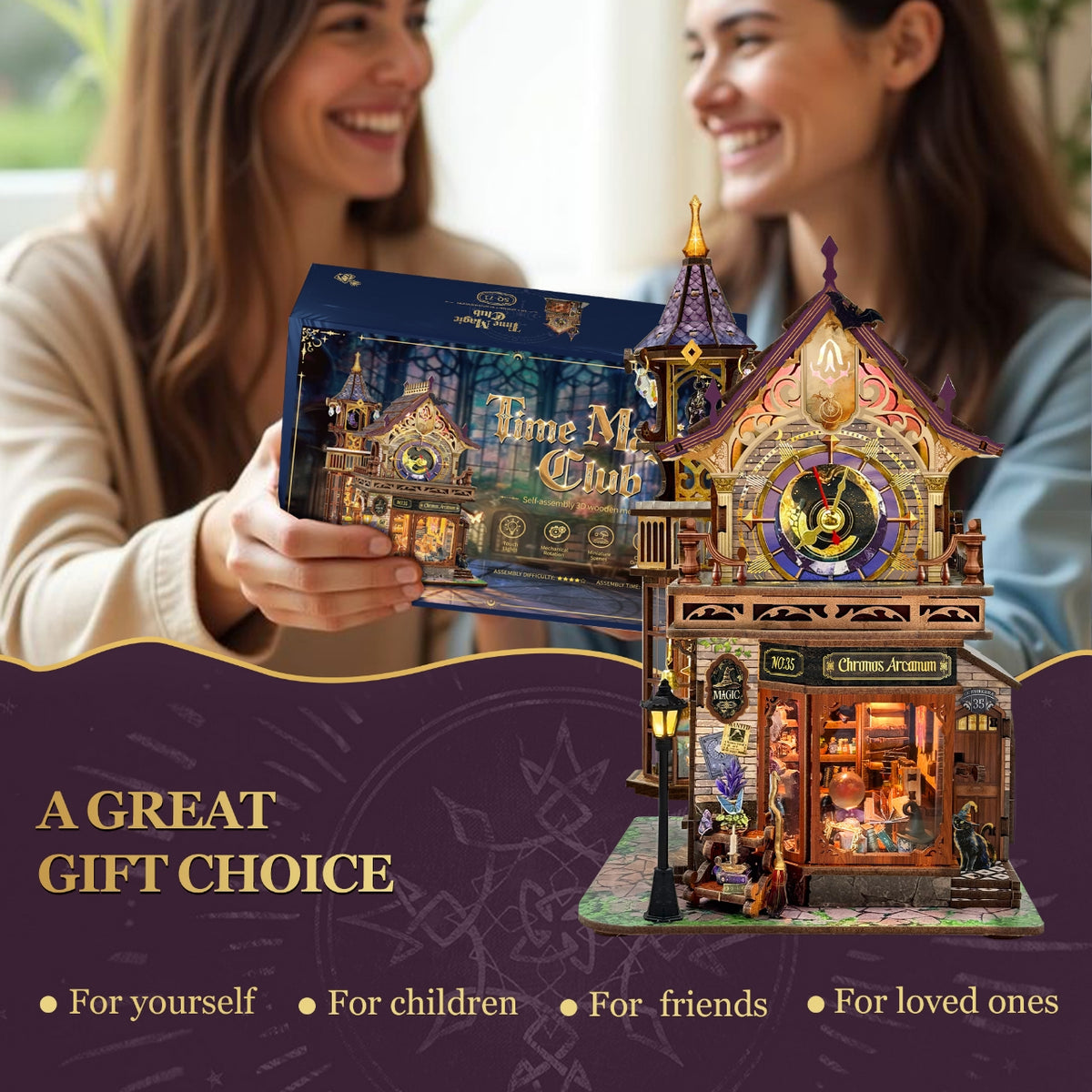 Strucwood DIY Book Nook Kit Time Magic Club: Magical Clock Tower, LED Lights, 3D Wooden Puzzle Gift for Adults（SQ-71）