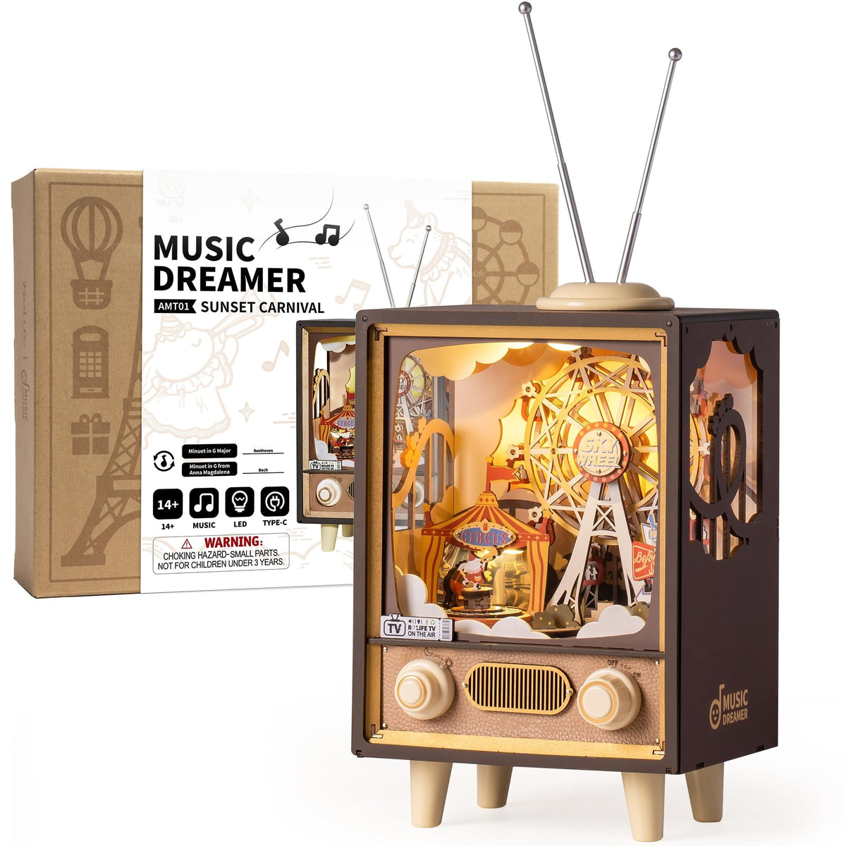Rolife DIY Music Box,3D Wooden Puzzle Sunset Carnival Model Kits,Brain Teaser Puzzles for Boys and Girls