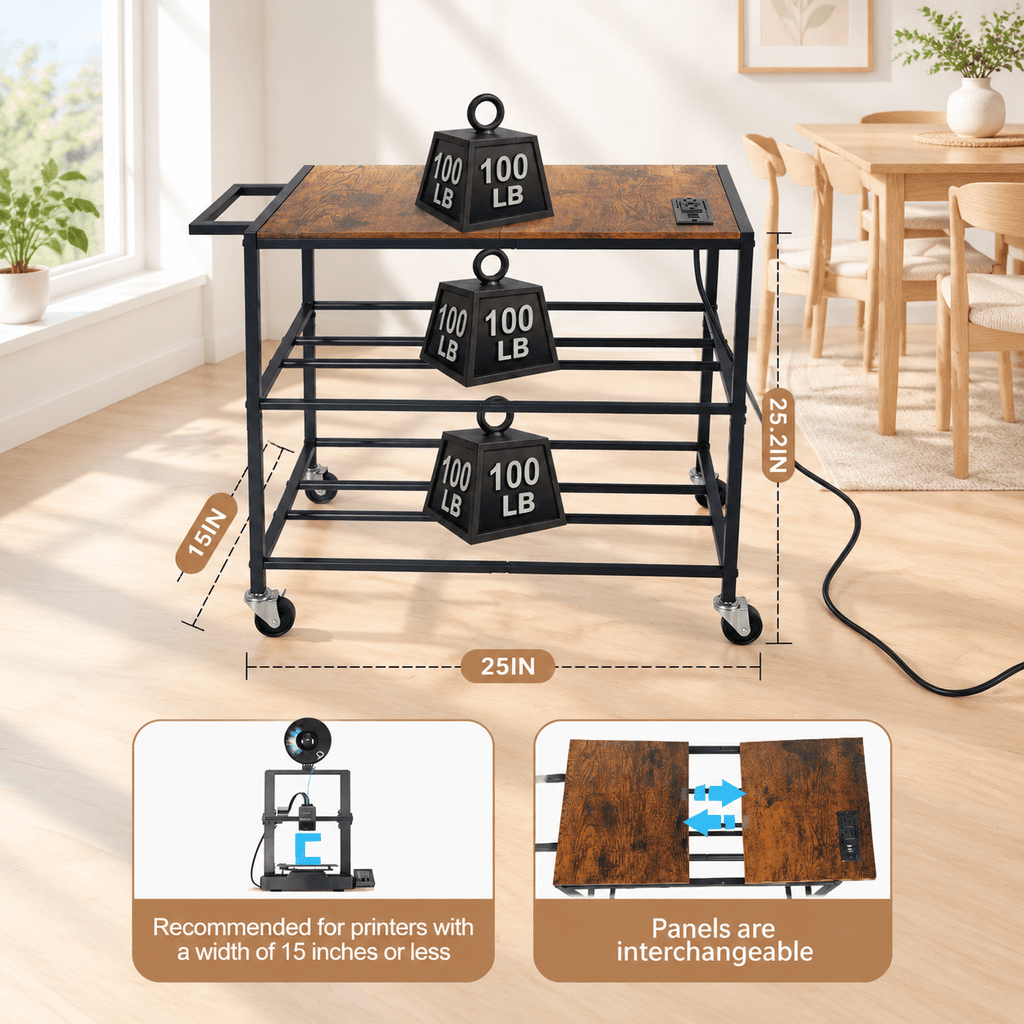 Rectangular Brown Heavy Duty Metal 3D Printer Table with Storage Drawer and Power Hub