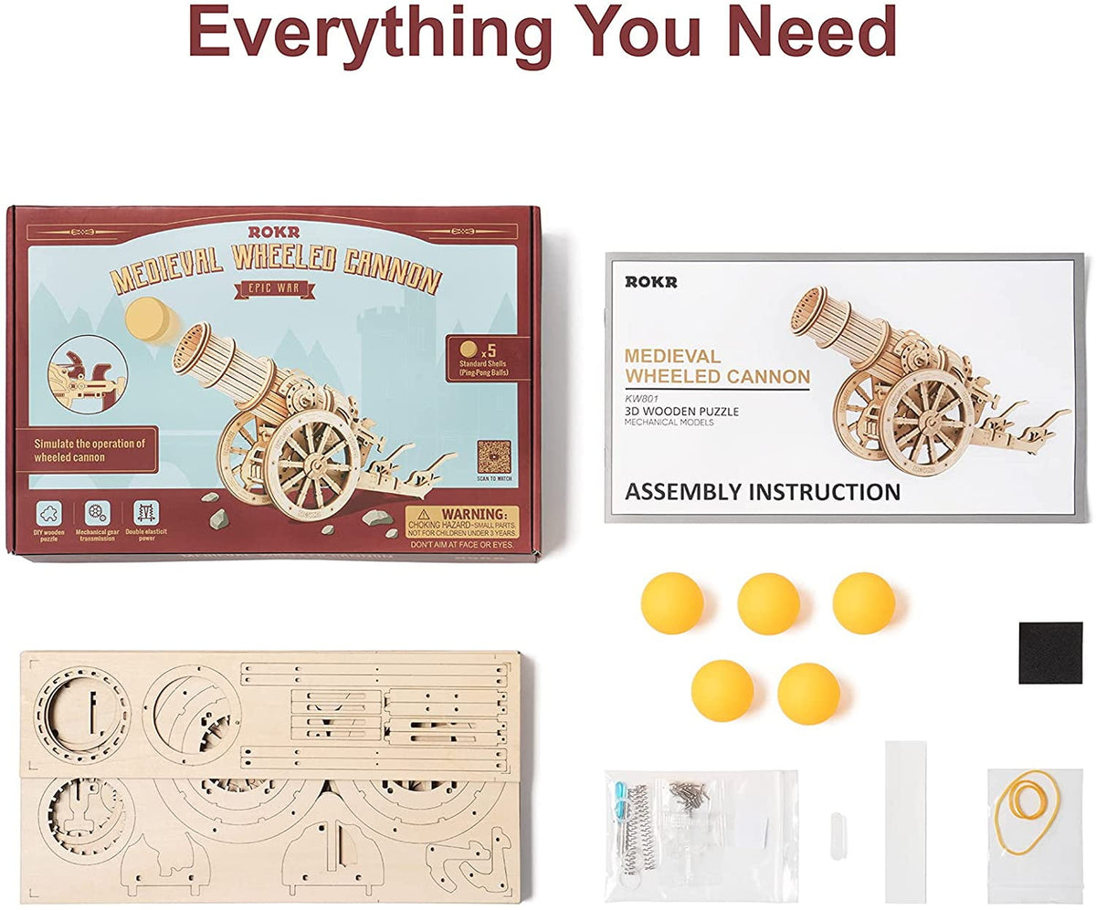 ROKR 3D Wooden Puzzle 158 Pieces Diy Model Toys Medieval Wheeled Cannon Brain Teaser Gift for Kids