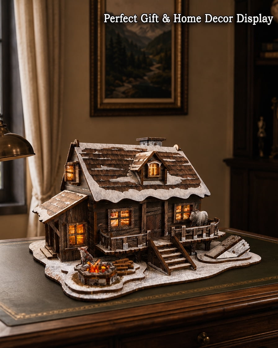 LED 3D Wooden Puzzle Winter Cabin DIY Miniature Building Kit with LED Lights - 3D Craft Rural Wooden Cabin Models Decor Gift for Adult