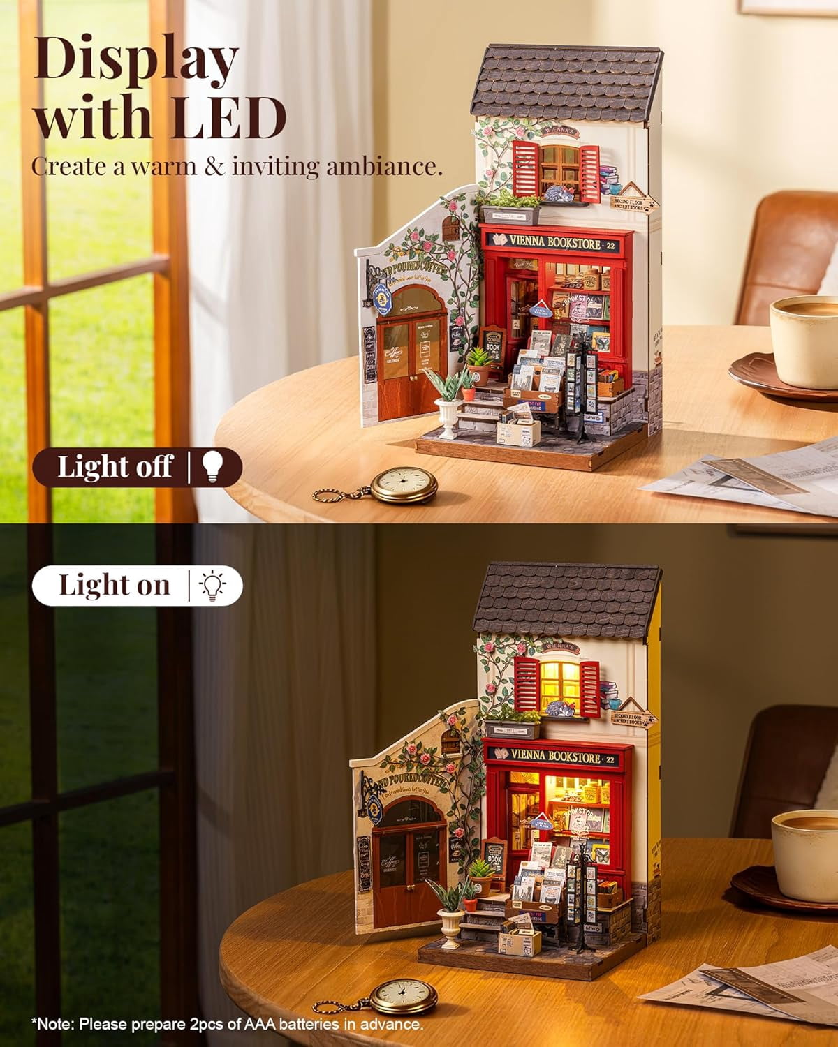 Rolife Vienna Bookstore DIY Miniature House Kit, 3D Wooden Puzzle Bookshelf Decor, Craft Model Building Set for Teens Adults, Creative Home Desk Decor Gift for Book Lovers