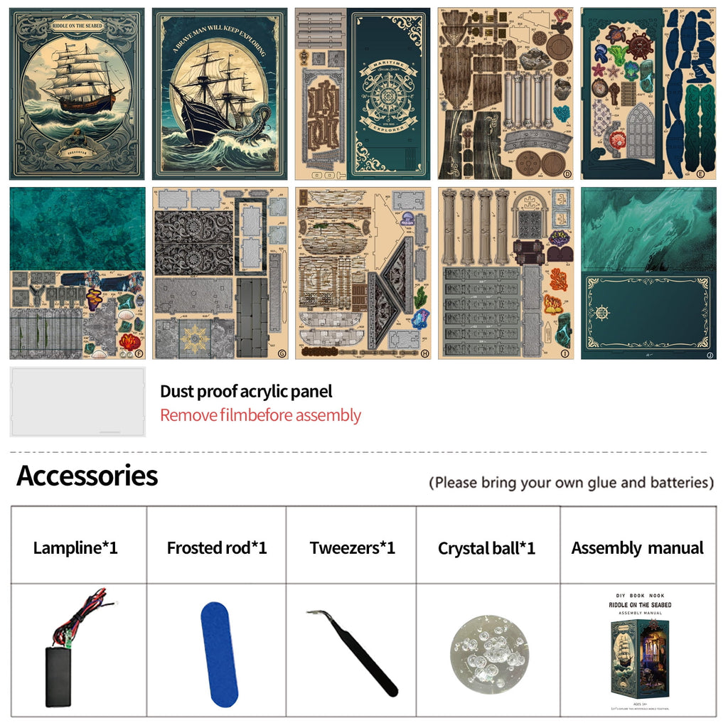 DIY Book Nook Kit, Mysteries Beneath the Sea 3D Wooden Puzzle with LED Light, Bookshelf Craft Kit for Adults Teens (14+)