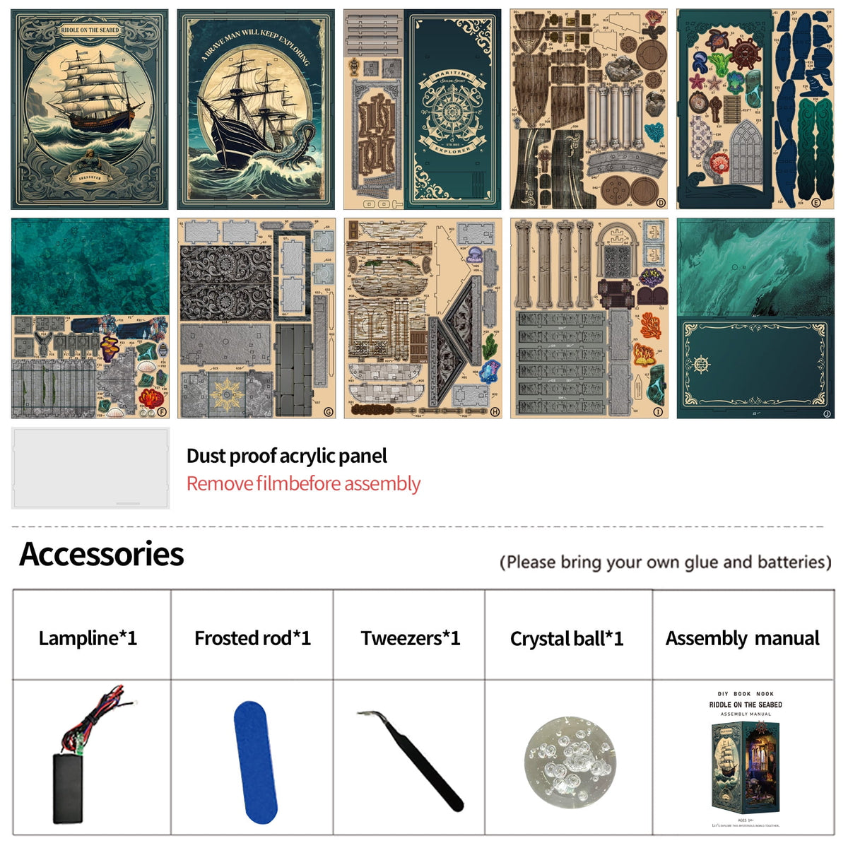 DIY Book Nook Kit, Mysteries Beneath the Sea 3D Wooden Puzzle with LED Light, Bookshelf Craft Kit for Adults Teens (14+)