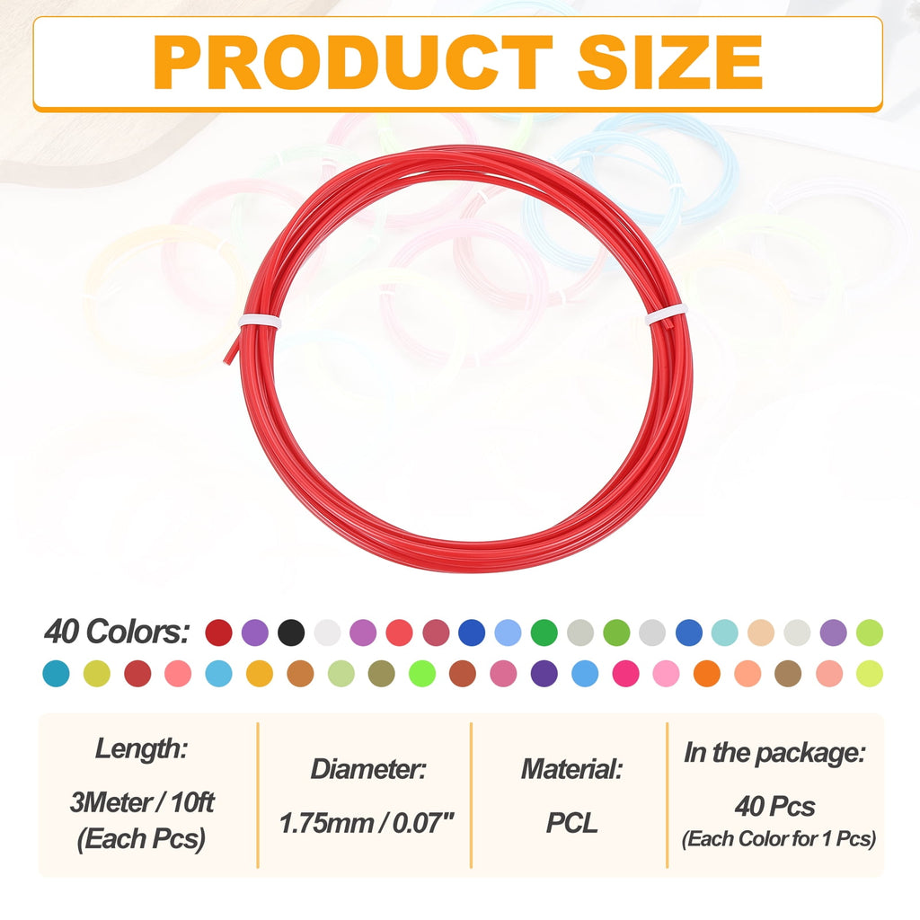 Uxcell 40 Colors 3D Pen Filament, 1.75mm Each 10FT, Total 400FT PCL Filament Refills Low Printing Temperature for 3D Drawing Pens