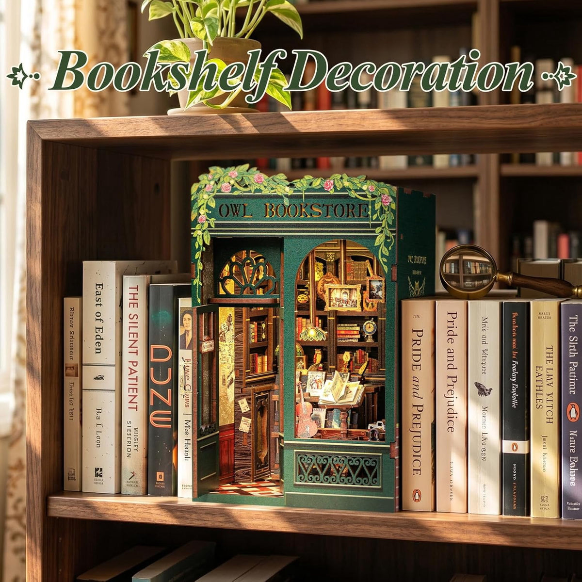 Book Nook Kit, 3D Wooden Mini Book House Puzzle, Handmade DIY Owl Bookstore, Miniature Landscape Bookend