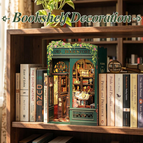 Book Nook Kit, 3D Wooden Mini Book House Puzzle, Handmade DIY Owl Bookstore, Miniature Landscape Bookend