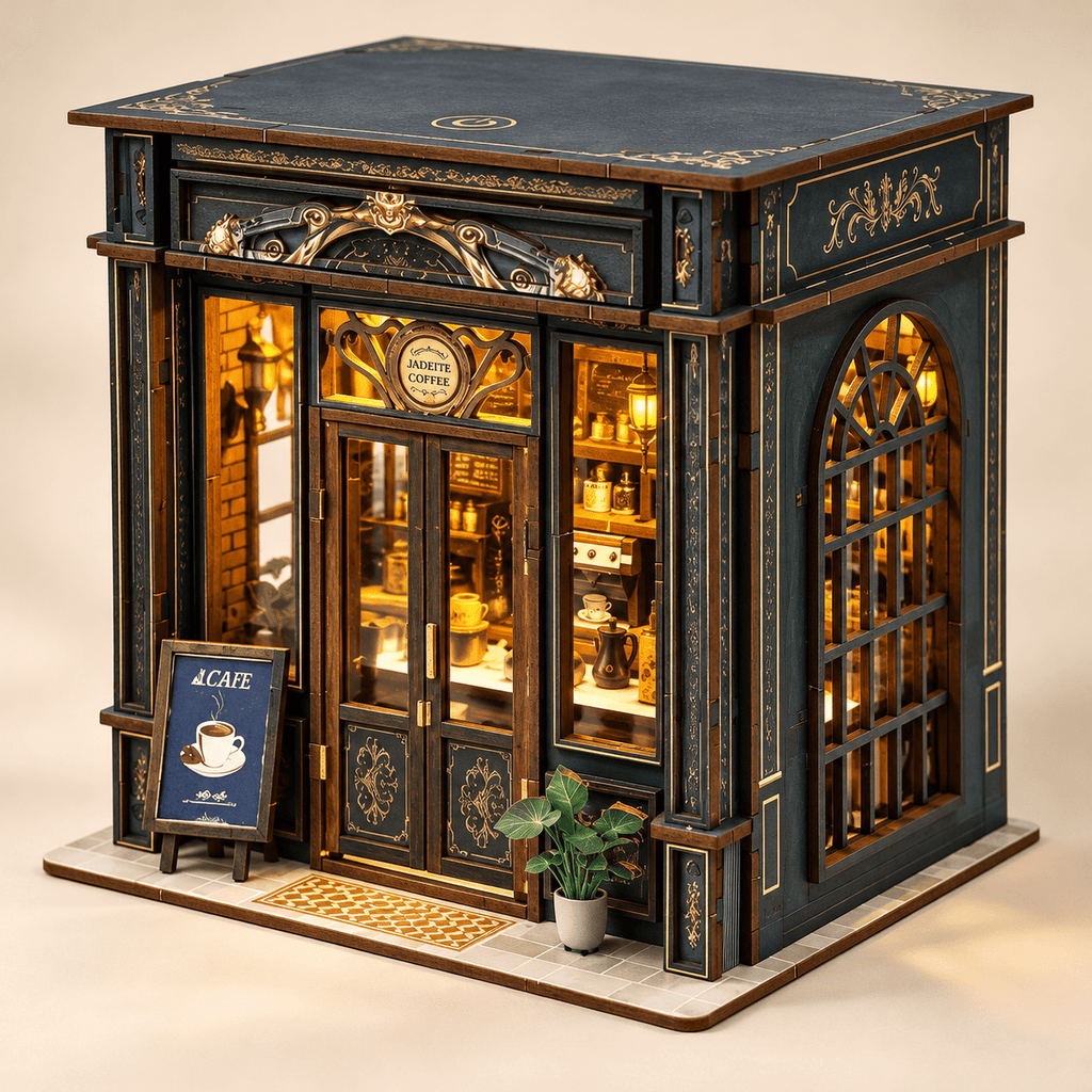 MOJINO Book Nook Kit for Adults, Green Crystal Cafe DIY Miniature House Kit, 3D Wooden Puzzle with LED Light, Christmas & New Year Gift for Book Lovers
