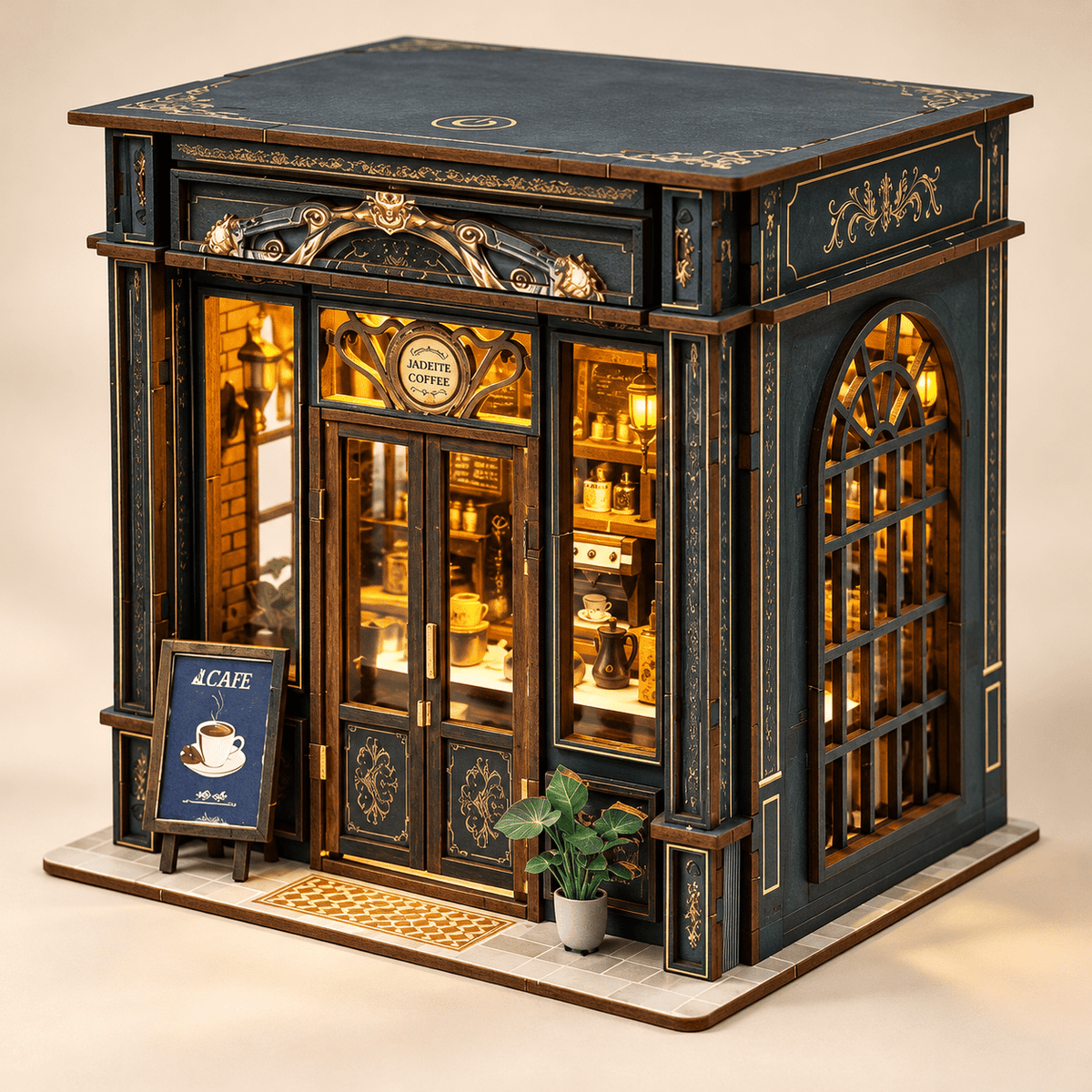 MOJINO Book Nook Kit for Adults, Green Crystal Cafe DIY Miniature House Kit, 3D Wooden Puzzle with LED Light, Christmas & New Year Gift for Book Lovers