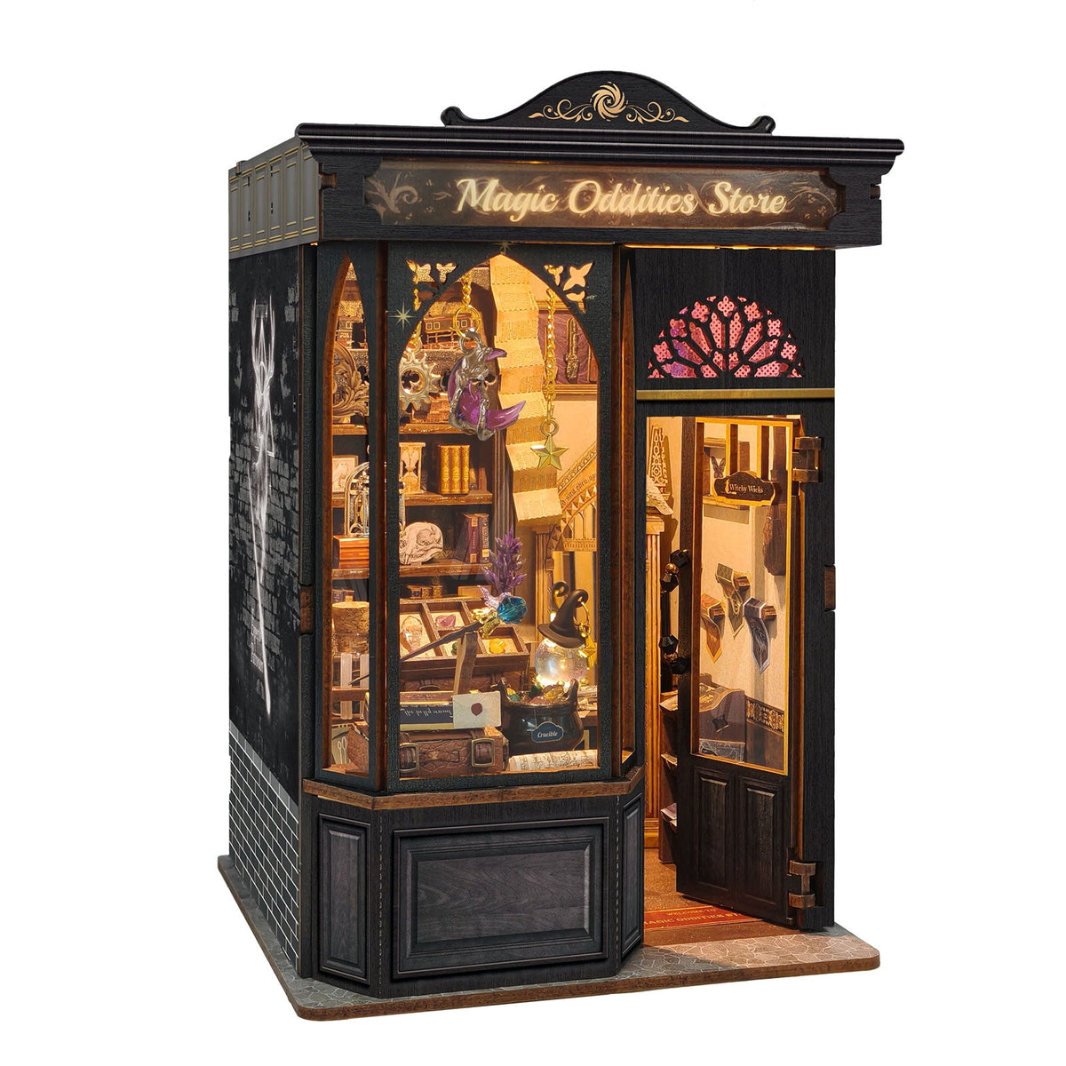 Strucwood Magic Oddities Store DIY Wooden Book Nook Kit with Touch LED Lights,3D Miniature Wizard Shop Puzzle Craft Gifts for Adults(SQ-109)