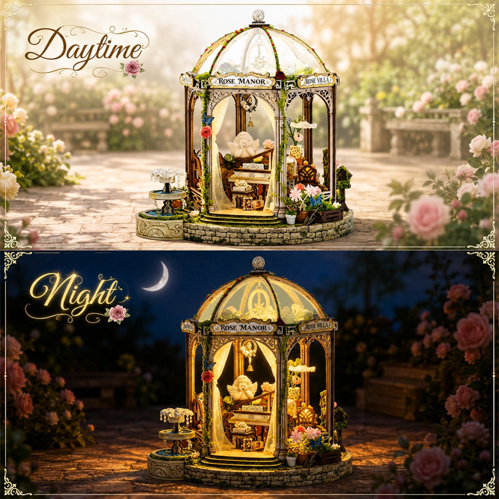 MOJINO Wooden DIY Miniature House Kit with LED Lights, Book Nook Kit for Adults, 3D Wooden Puzzle Miniature House Kit, Romantic Garden Style, Pre-Cut Craft Model Gift for Ages 14+
