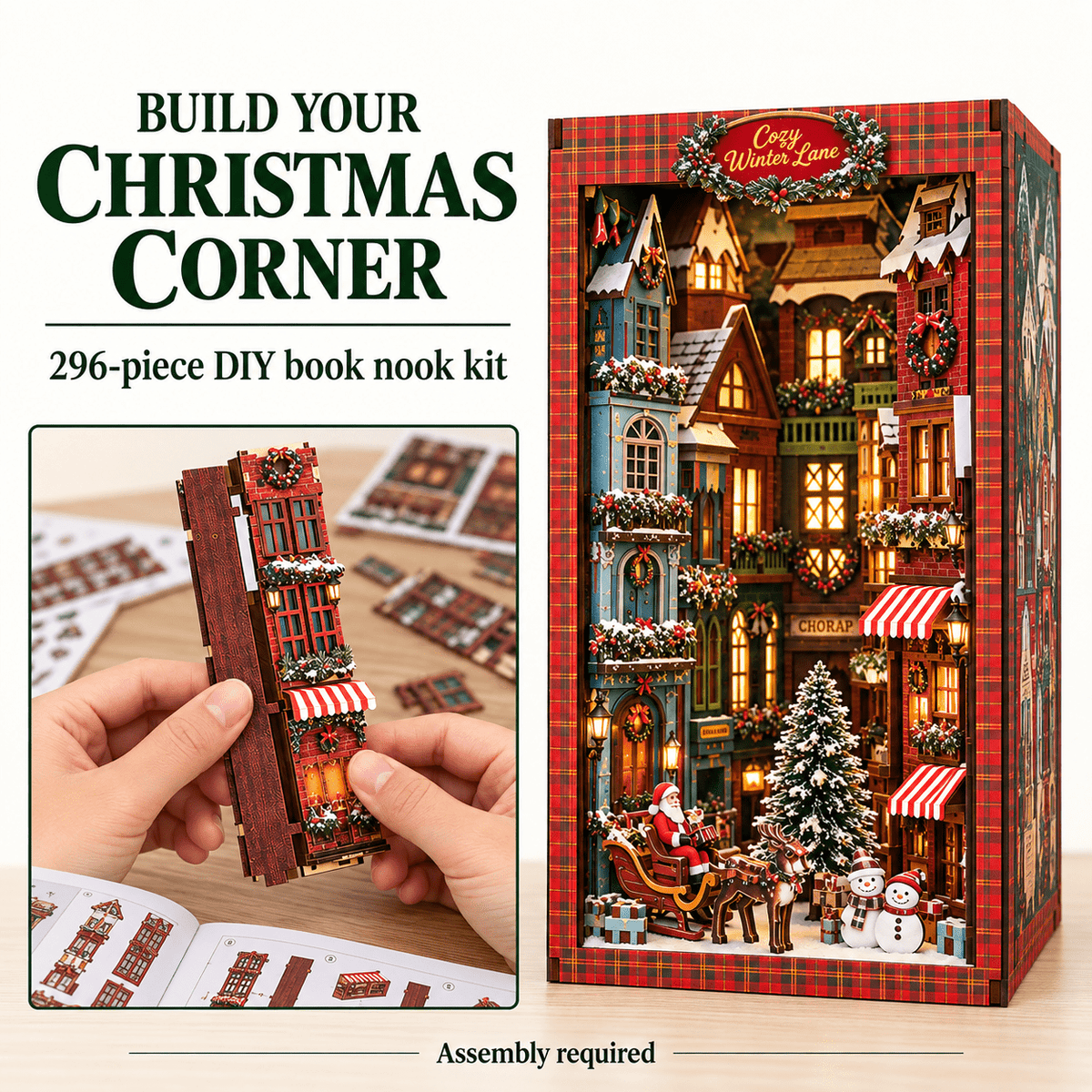 MOJINO Christmas Book Nook Kit, 3D Wooden Puzzle Bookshelf Insert Decor with LED Light, DIY Miniature Model Kit Gifts for Ages 14+