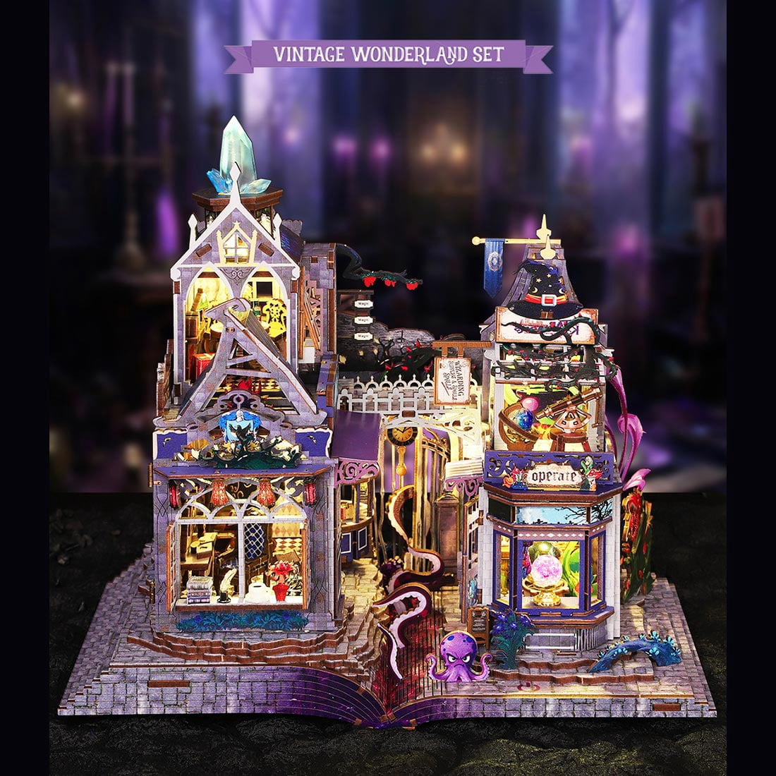 DIY Miniature House Kit, 3D Wooden Puzzle Magic Castle Street Scene Model Kit with Touch Light, Handcrafted Miniature Fairy Tale House for Adults