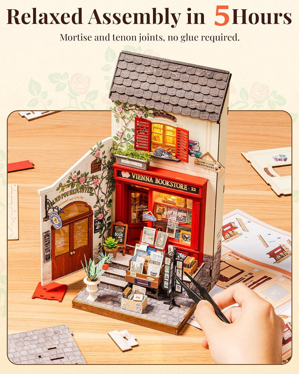 Rolife Vienna Bookstore DIY Miniature House Kit, 3D Wooden Puzzle Bookshelf Decor, Craft Model Building Set for Teens Adults, Creative Home Desk Decor Gift for Book Lovers