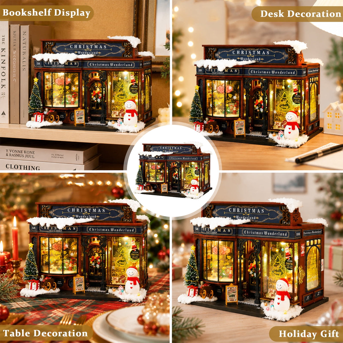 MOJINO Christmas Wonderland DIY Miniature House Kit with LED Lights, Wooden Doll House 3D Puzzle Book Nook Kit for Adults, Christmas Store Miniature Home Decor Gift