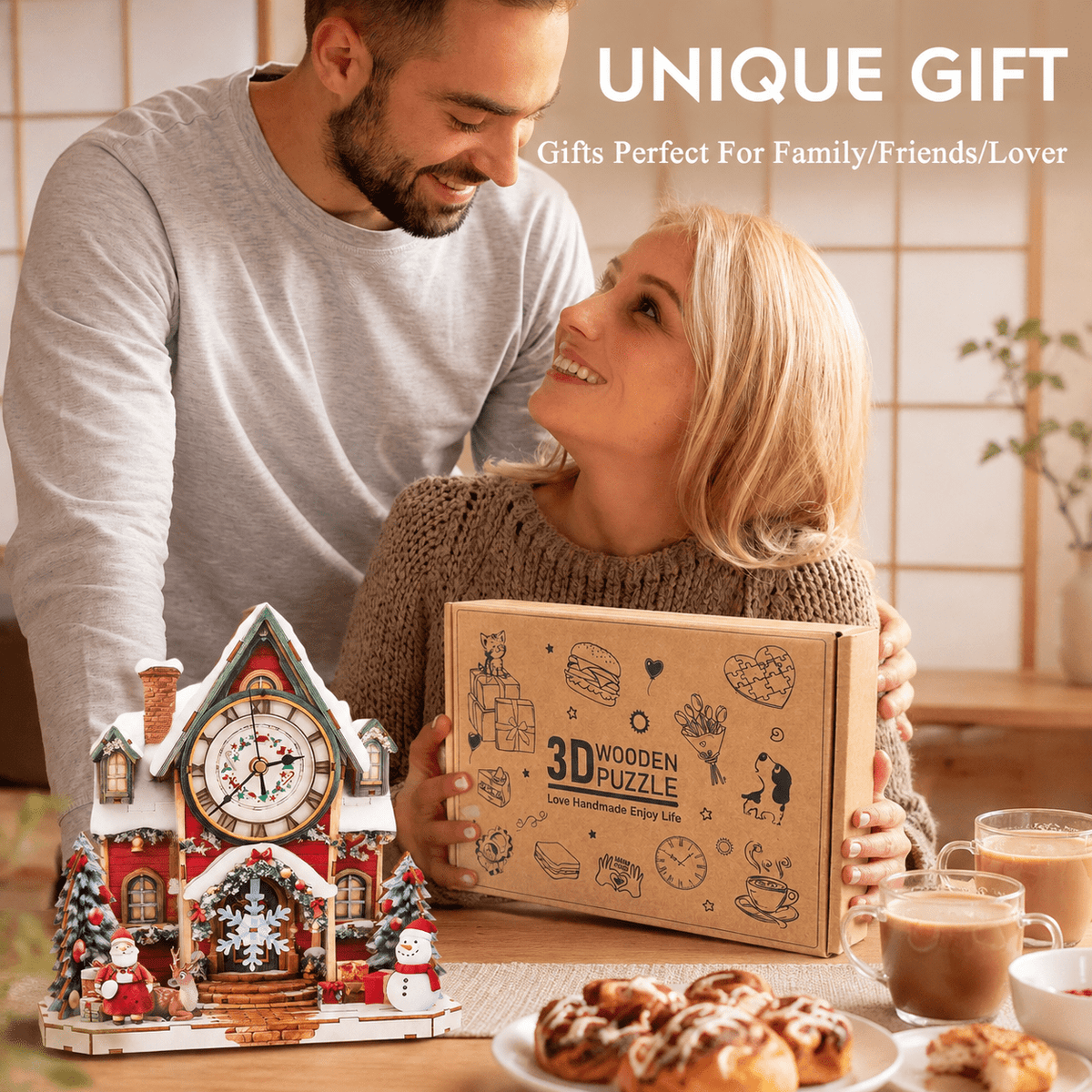 Wooden House Clock 3D Puzzle DIY Mechanical Clock Kit for Adults Teens