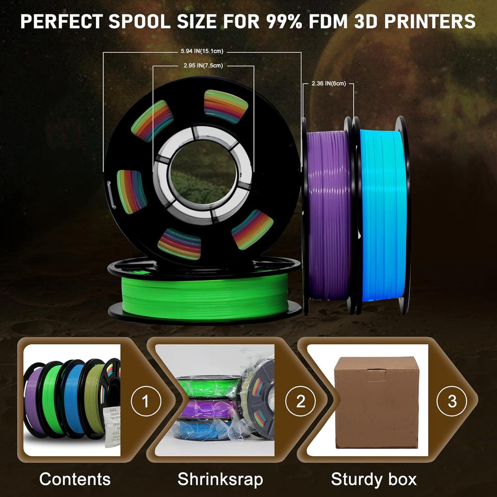 3D Printer Filament Bundle, Glow in The Dark Filament Multicolor, PLA Filament 1.75 mm, Dimensional Accuracy +/- 0.03 mm, 250g X 4 Pack