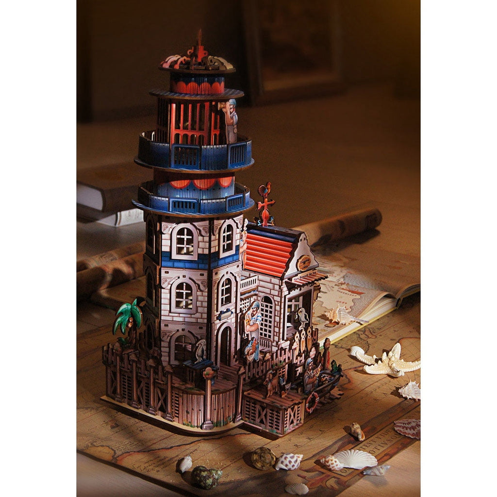 3D Wooden Puzzle Seaside Lighthouse Cabin Coastal Village Desk, 360 PCS, DIY Assembly Miniature Building Model Kit For Home Decor, Shelf Display And Creative Gifts