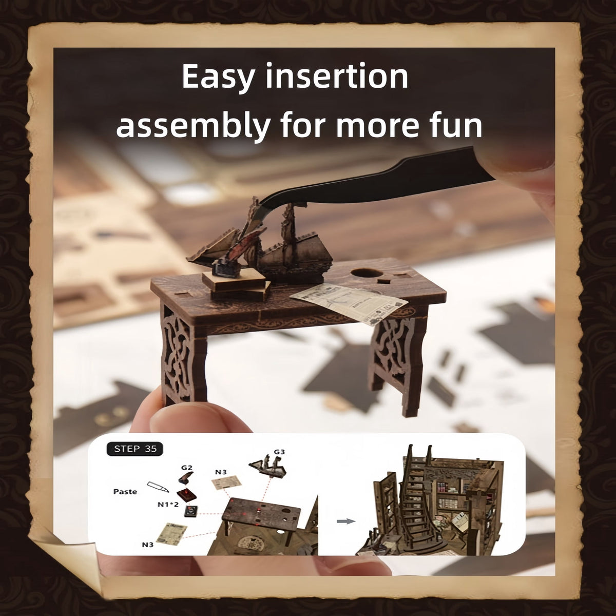 LSNOYRD Book Nook Kit, Antique Library DIY Miniature House 3D Wooden Puzzle with LED Lights, Bookshelf Insert Decoration, Handmade Craft Gift