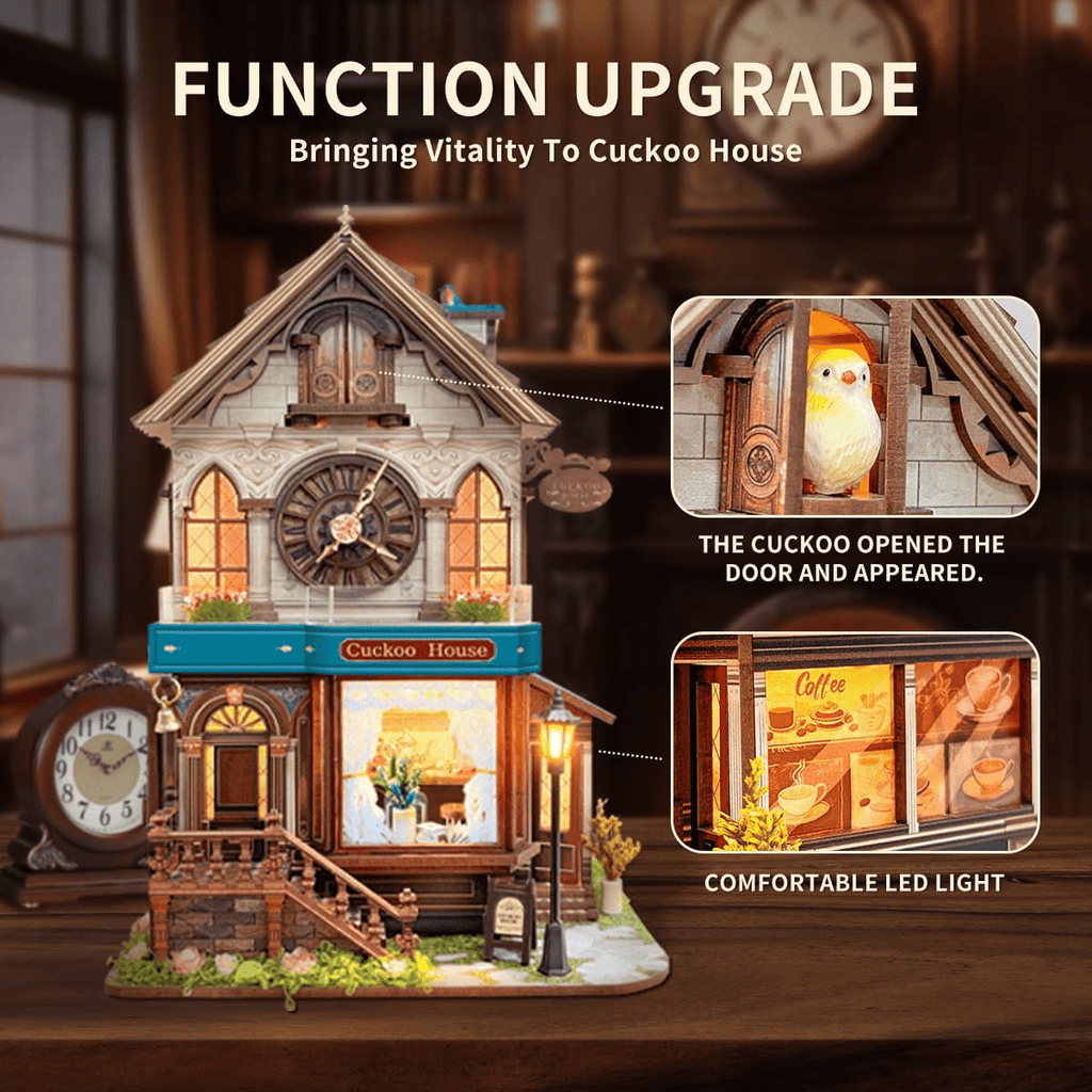 DIY Book Nook Kit,3D Wooden Puzzles - Miniature Cuckoo Clock House Kit, DIY Wooden Building Set for Adults and Teens, Mini Model Kit with 3-Mode Touch Switch - Cuckoo House