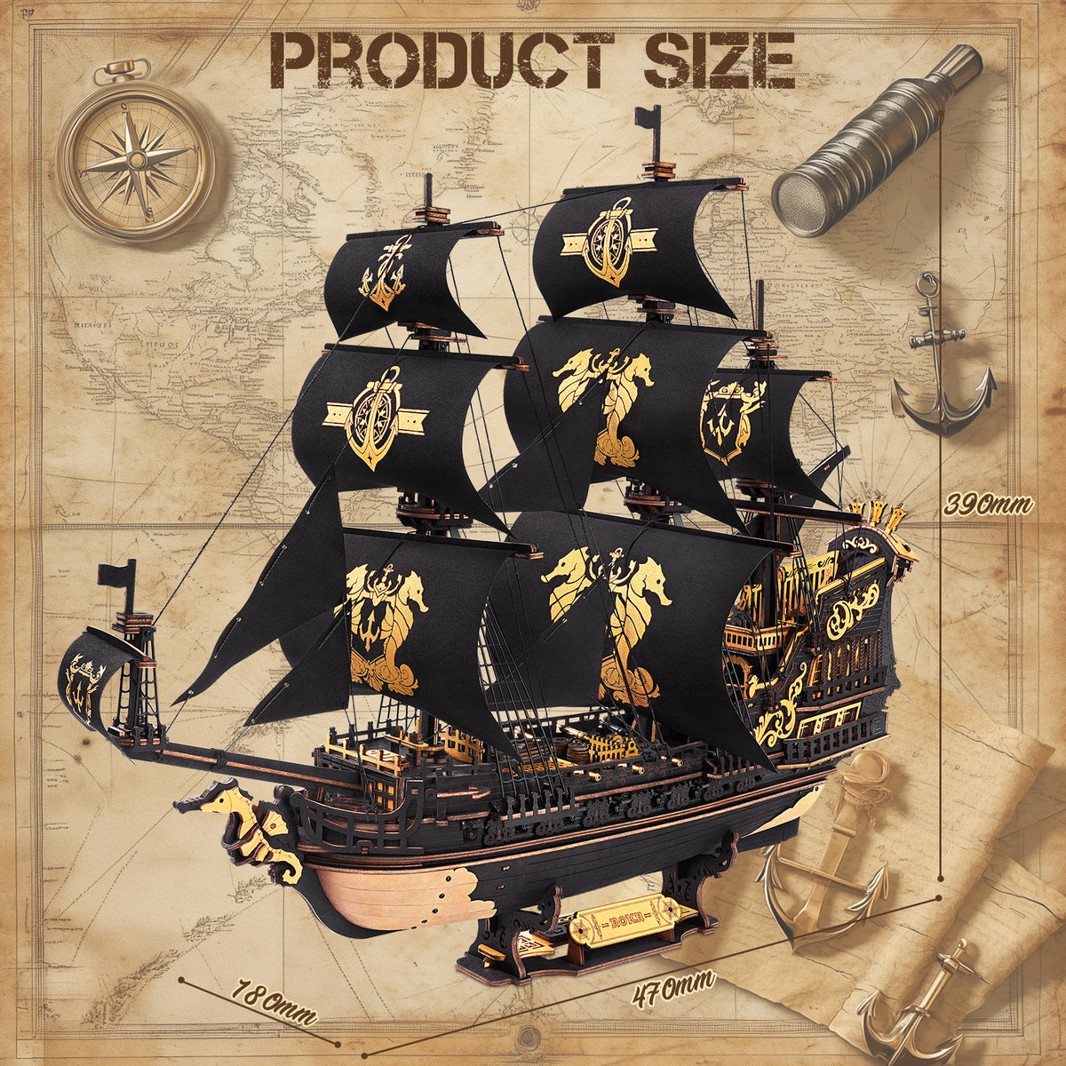Robotime Seahorse 3D Wooden Puzzles for Adults , 603-piece Black Sailing Ship Model Building Kit