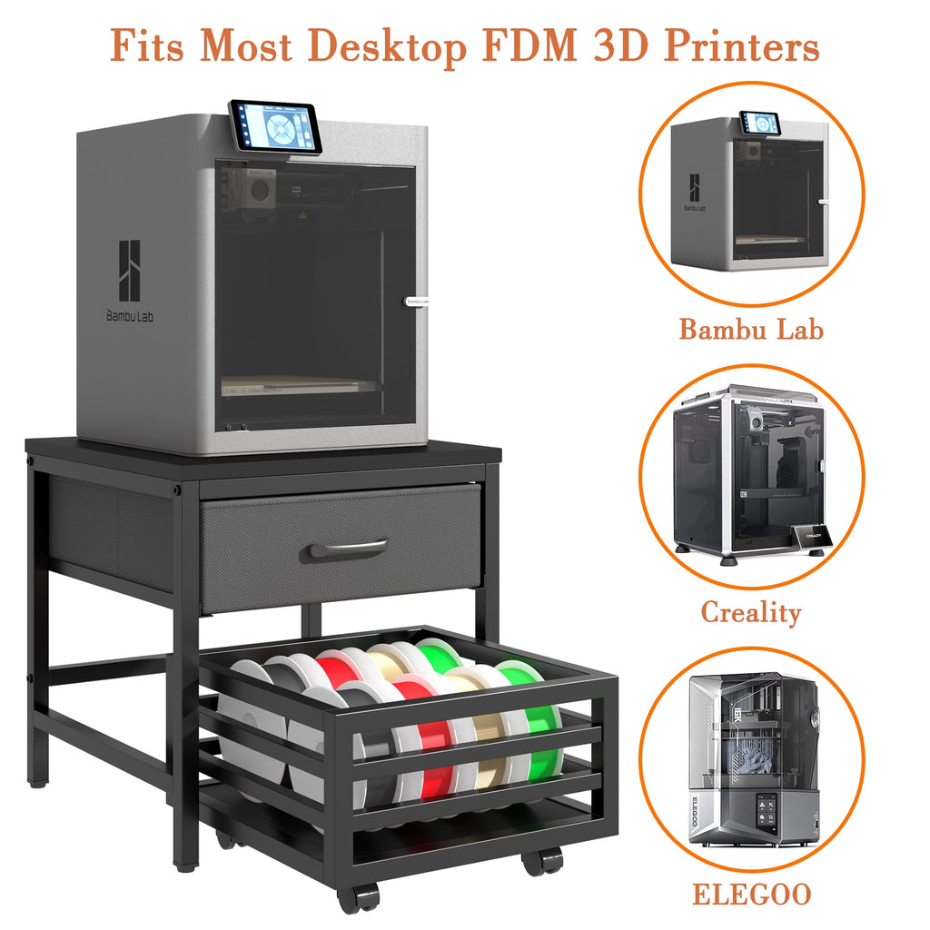 Heavy Duty 3D Printer Stand with Storage Shelf and Drawer, Industrial Rolling Printer Rack for 3D Printer Filament and Tools, Sturdy Metal Frame Printer Table for Home Office Workshop