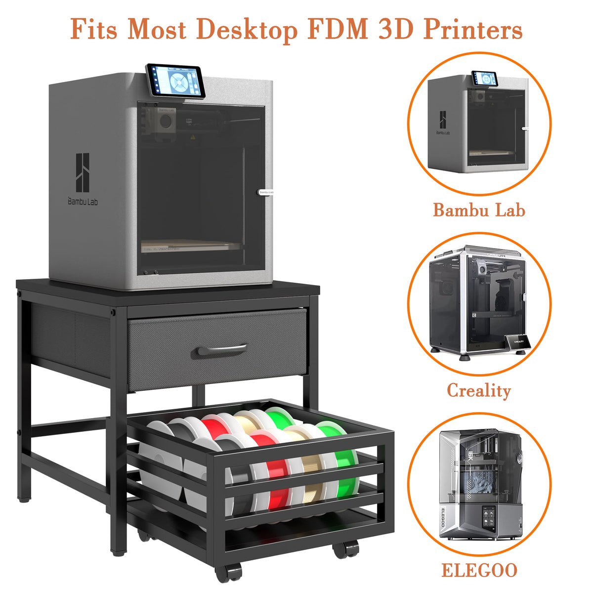 Heavy Duty 3D Printer Stand with Storage Shelf and Drawer, Industrial Rolling Printer Rack for 3D Printer Filament and Tools, Sturdy Metal Frame Printer Table for Home Office Workshop