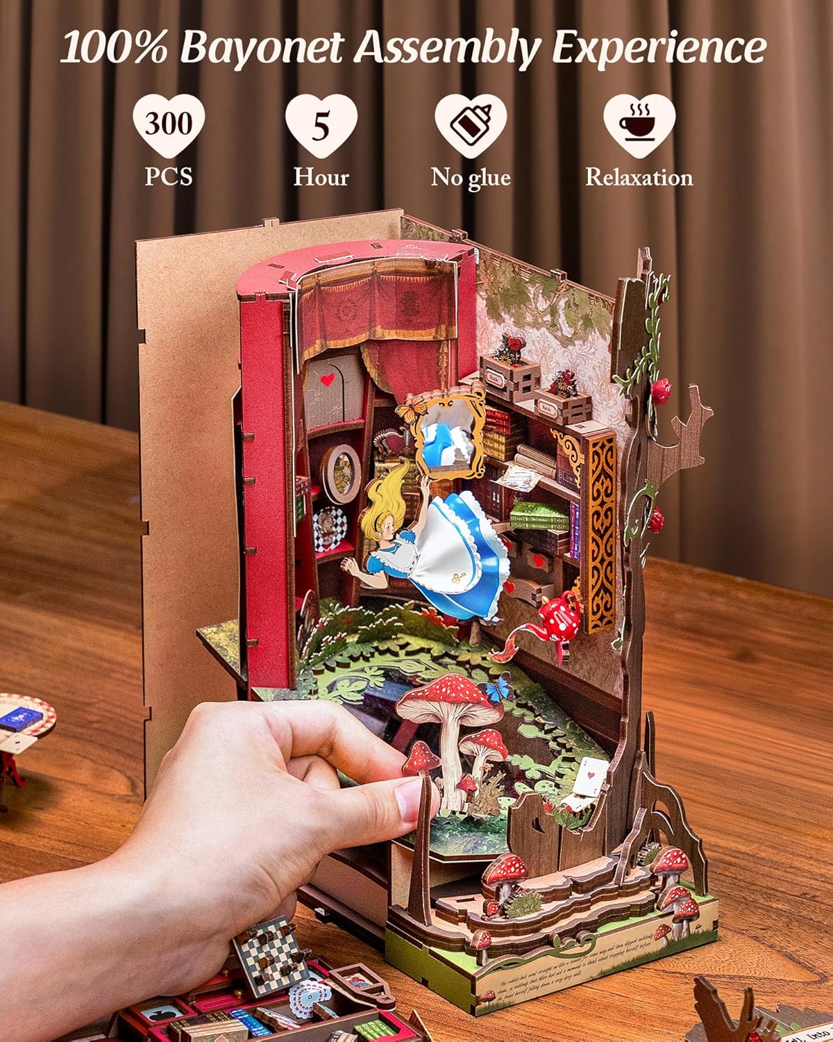 Robotime Fall into Wonder DIY Book Nook Kit, Wooden 3D Puzzle Bookends Craft Kit for Bookshelf Decor, Tiny House Building Set Gifts for Adults Teens