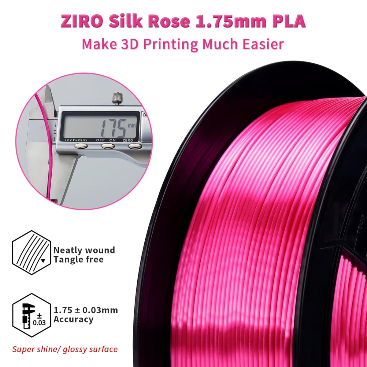 Ziro 3D Silk PLA Filament 1.75mm 1kg, Silver-Gray