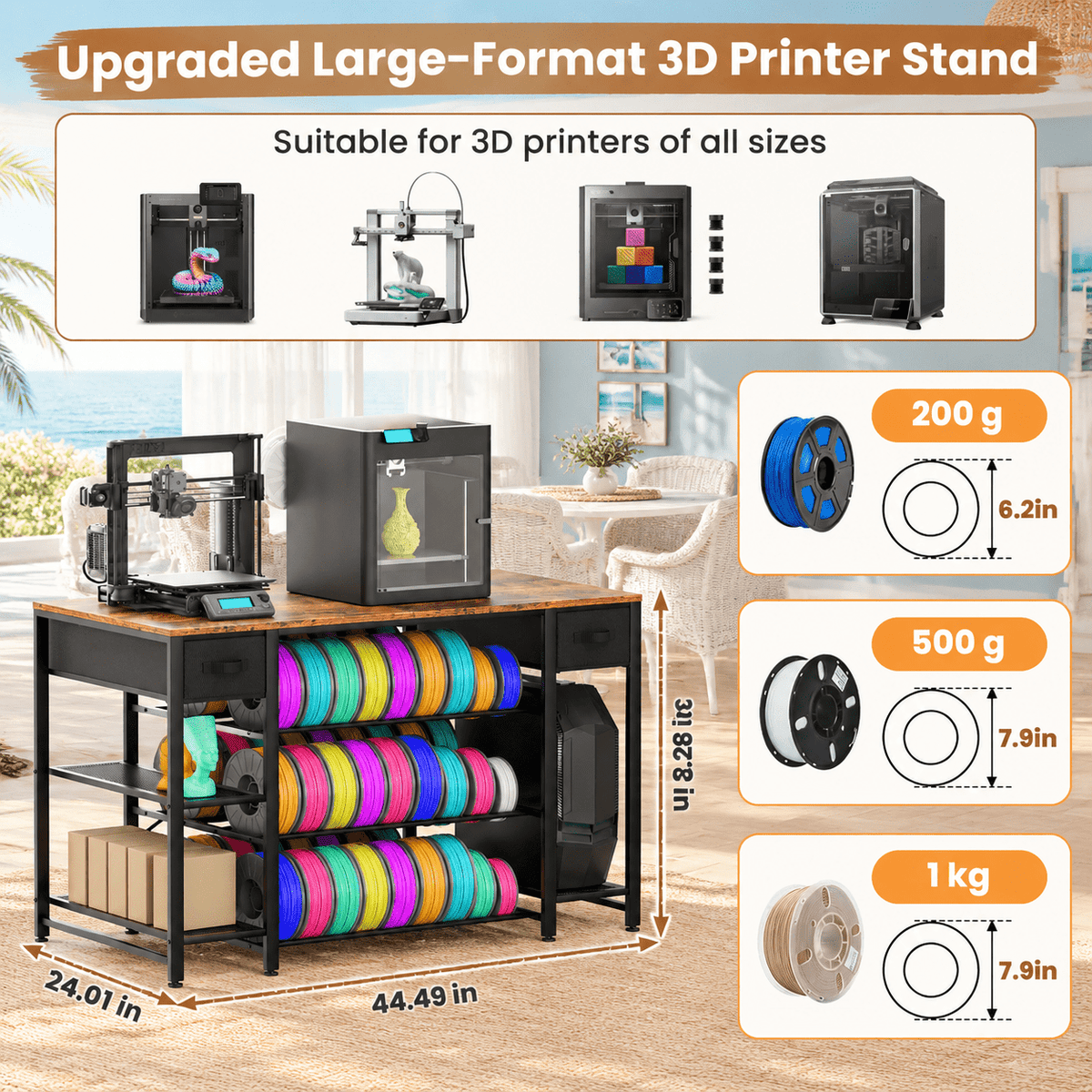 Rectangular Brown Heavy Duty Metal 3D Printer Table with Storage Drawer and Power Hub