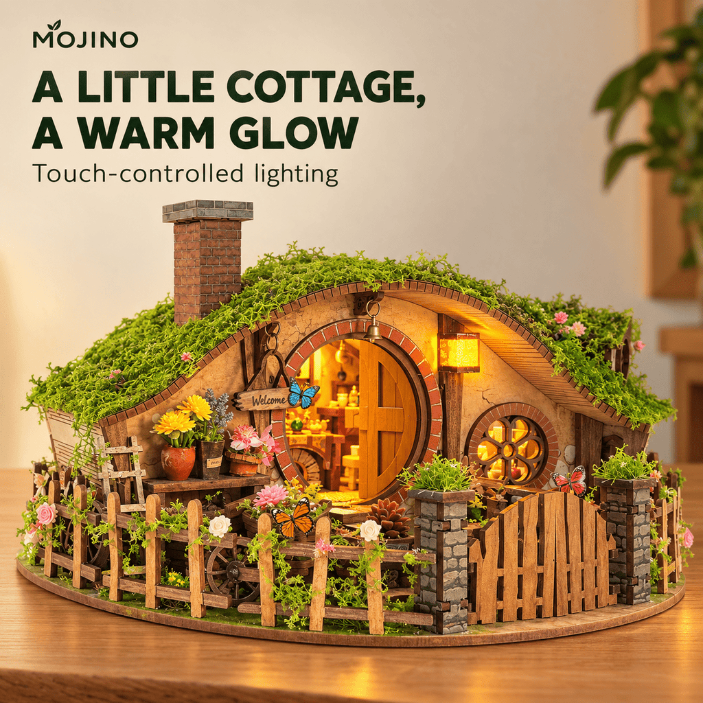 MOJINO Book Nook Kit, DIY Miniature House 3D Wooden Puzzle, 193-Piece Magic Ring House with LED Lights, Christmas Gift