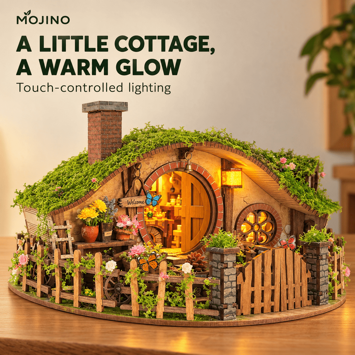 MOJINO Book Nook Kit, DIY Miniature House 3D Wooden Puzzle, 193-Piece Magic Ring House with LED Lights, Christmas Gift