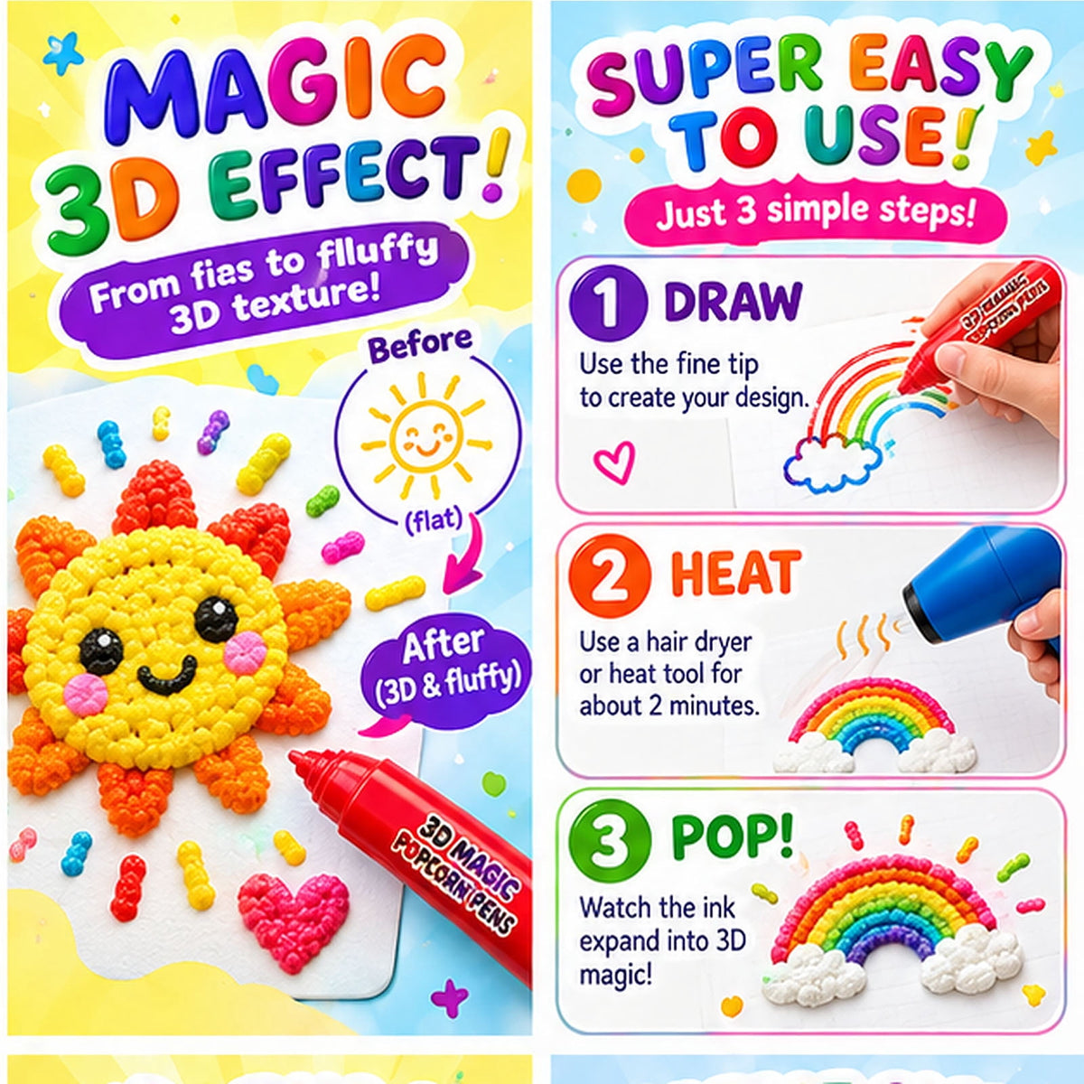 Magic 3D Popcorn Pens,DIY Bubble Popcorn Drawing Pen , Bubble Popcorn Drawing Pens for 3D Bubble Art, Greeting Birthday & Christmas Cards