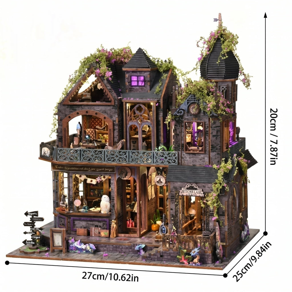 Dollhouse Kit for Adult Builders, DIY Magic Castle Gothic Witch Miniature House, 3D Wooden Puzzle Diorama with Touch‑Activated LED Lights and Music Box, Halloween Tabletop Display Gift