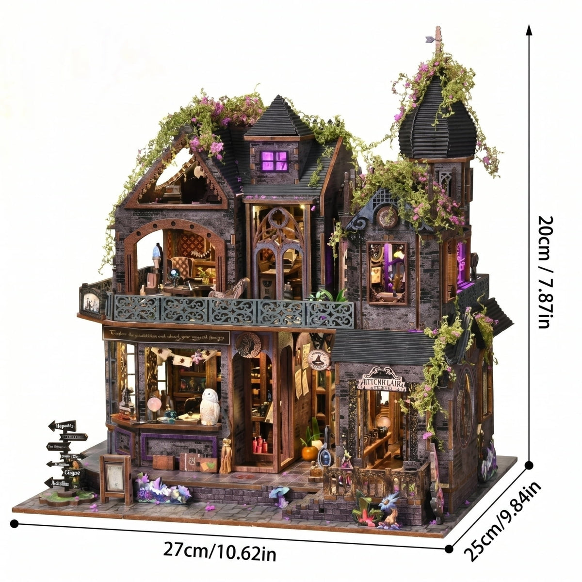 Dollhouse Kit for Adult Builders, DIY Magic Castle Gothic Witch Miniature House, 3D Wooden Puzzle Diorama with Touch‑Activated LED Lights and Music Box, Halloween Tabletop Display Gift