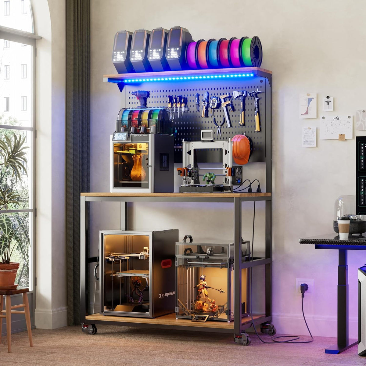 PakaLife 39.4"W 3D Printer Stand with Filament Storage, LED Lights and Charging Station, Spools Holder Racks, for Workshop/Office/Garage, Brown