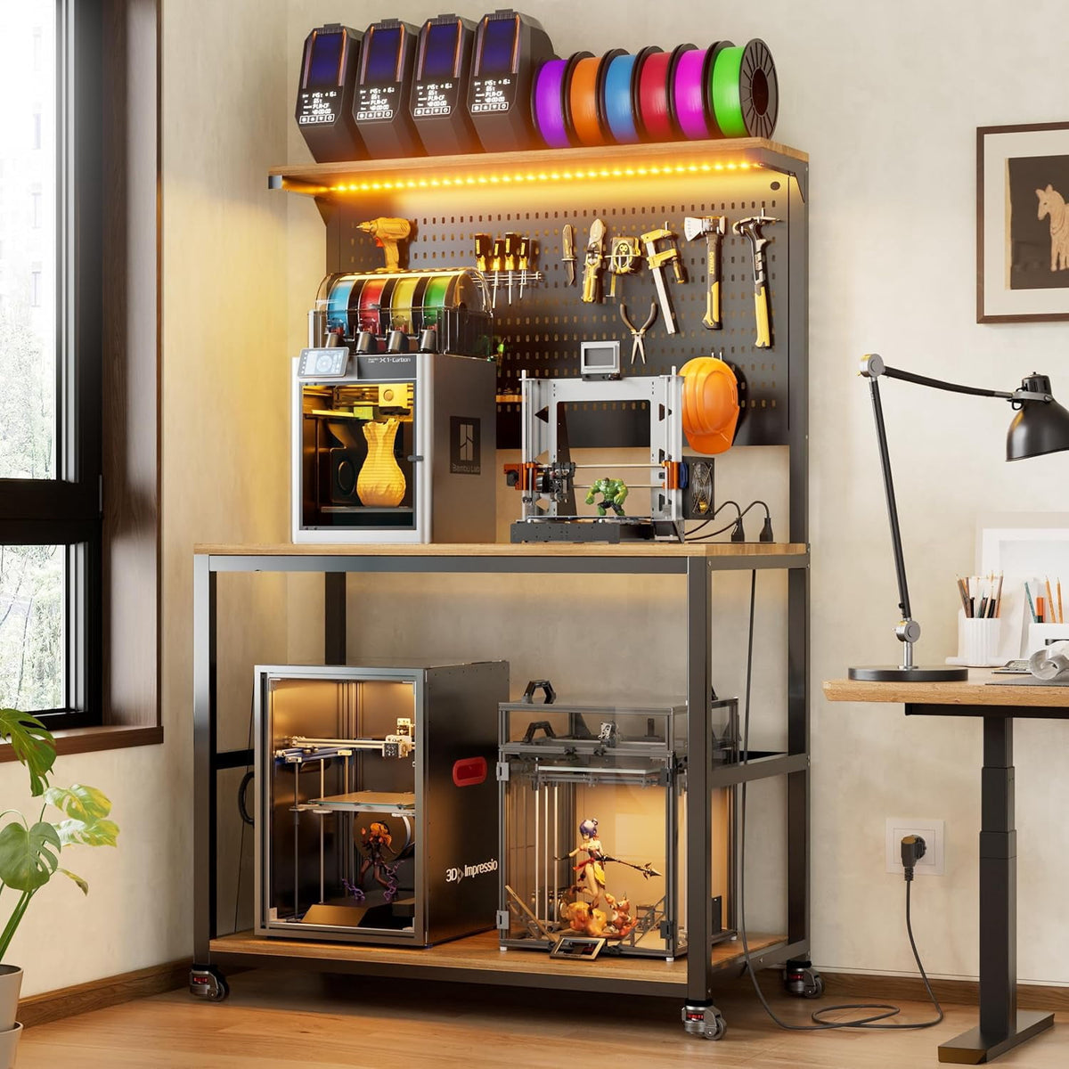 PakaLife 39.4"W 3D Printer Stand with Filament Storage, LED Lights and Charging Station, Spools Holder Racks, for Workshop/Office/Garage, Brown