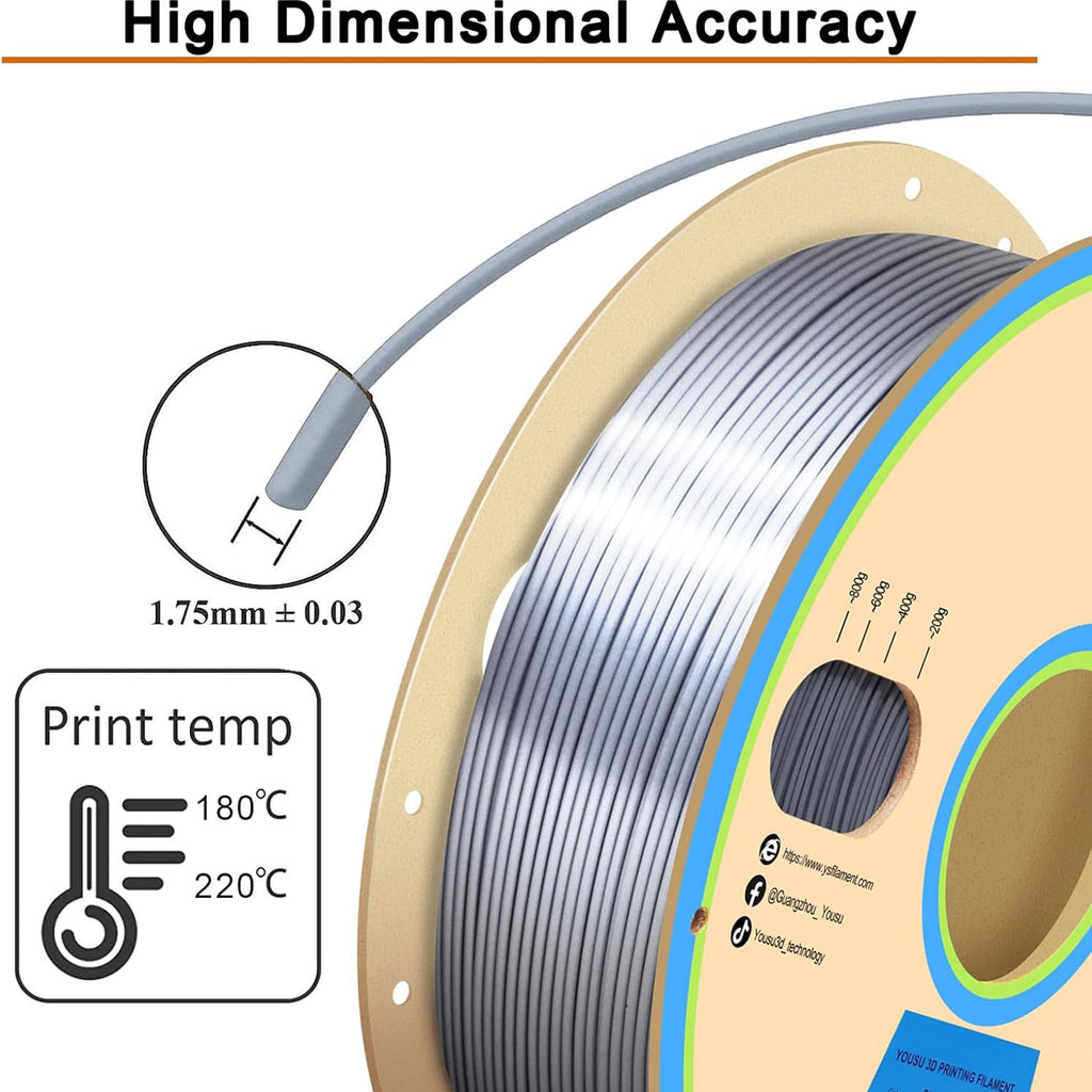 Silk Silver PLA Filament 1.75mm 3D Printer Filament with Shiny Surface, Shiny Metallic PLA Silk Filament 250g Spool 3D Printing Filament.