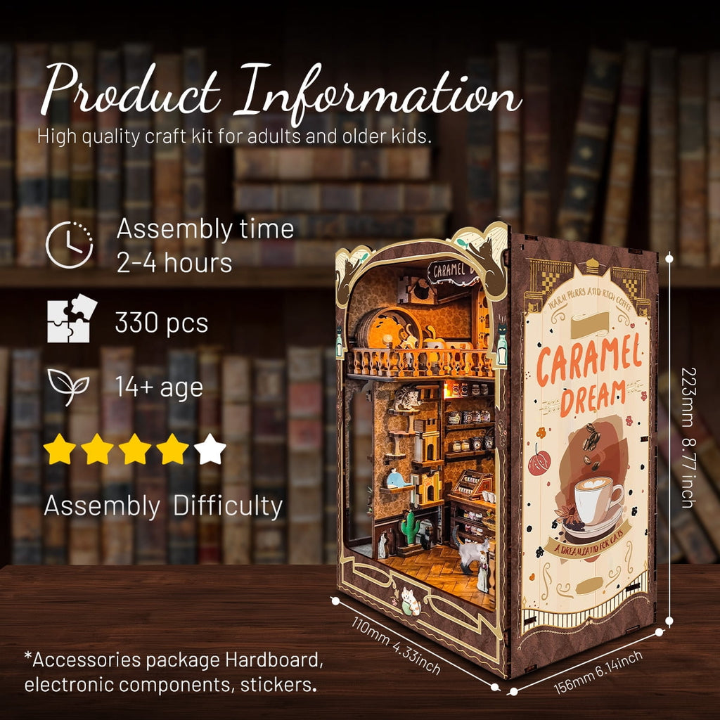 Strucwood DIY Book Nook Kit Caramel Dreams Wooden Puzzles with LED Dust Cover,3D Crafts Hobbies Gifts for Adults（SQ-03）