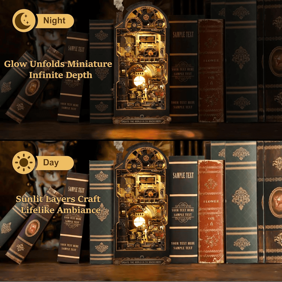 Book Nook Kit, DIY Miniature House with Sensor LED 3D Wooden Puzzle Bookshelf Insert Decor for Adults, Creative Gift for Book Lovers and Family
