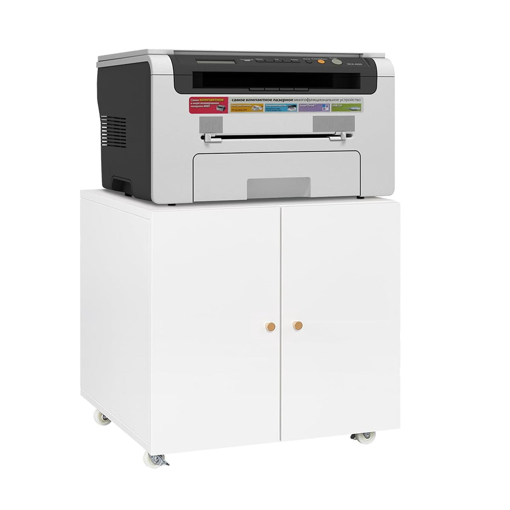 Heavy Duty Metal Printer Stand with Lockable Doors - Adjustable Shelf & Wheels - Large Mobile Filing Cabinet for Office Storage, 3D Printers, Copiers, Heat Press - 90kg Capacity - White, Big