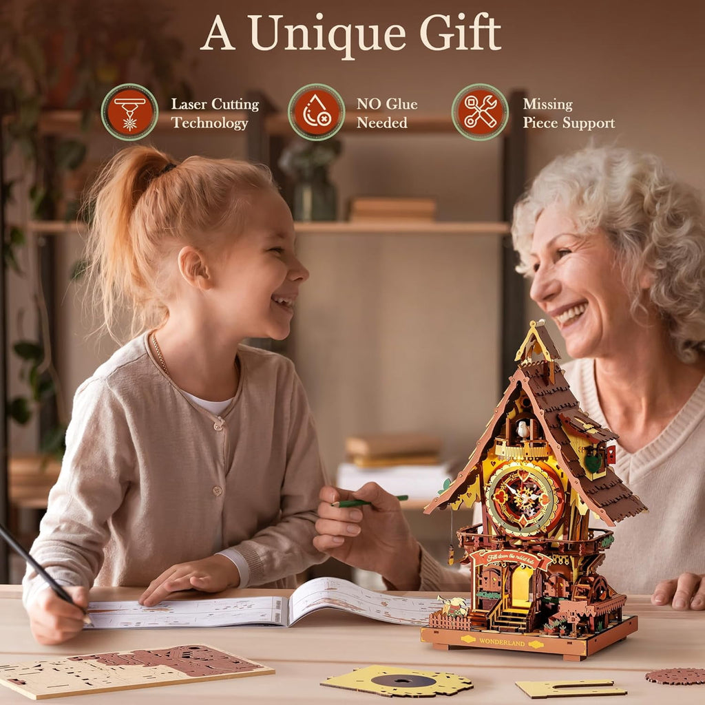 ROKR Cuckoo Clock 3D Wooden Puzzle Kit, Mechanical Clock Model with Moving Pendulum and LED Light, Colorful DIY Craft Decor Xmas Gift Toy for Adults