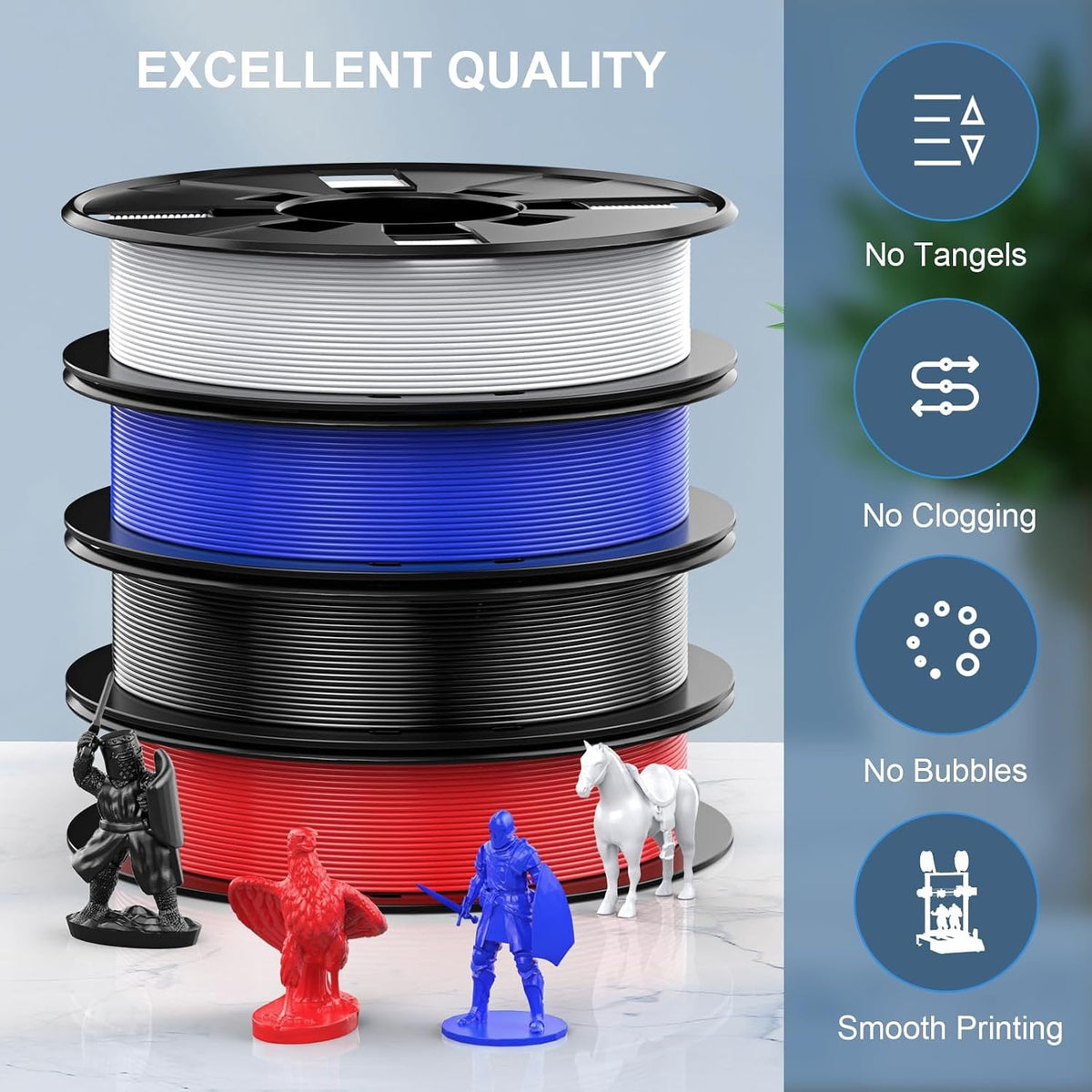 Printer Filament Pack 250g X 4 Spools, 1.75mm PLA Filament Printing Material, Bright Color Black/White/Red/Blue, PLA Filaments for FDM Printers