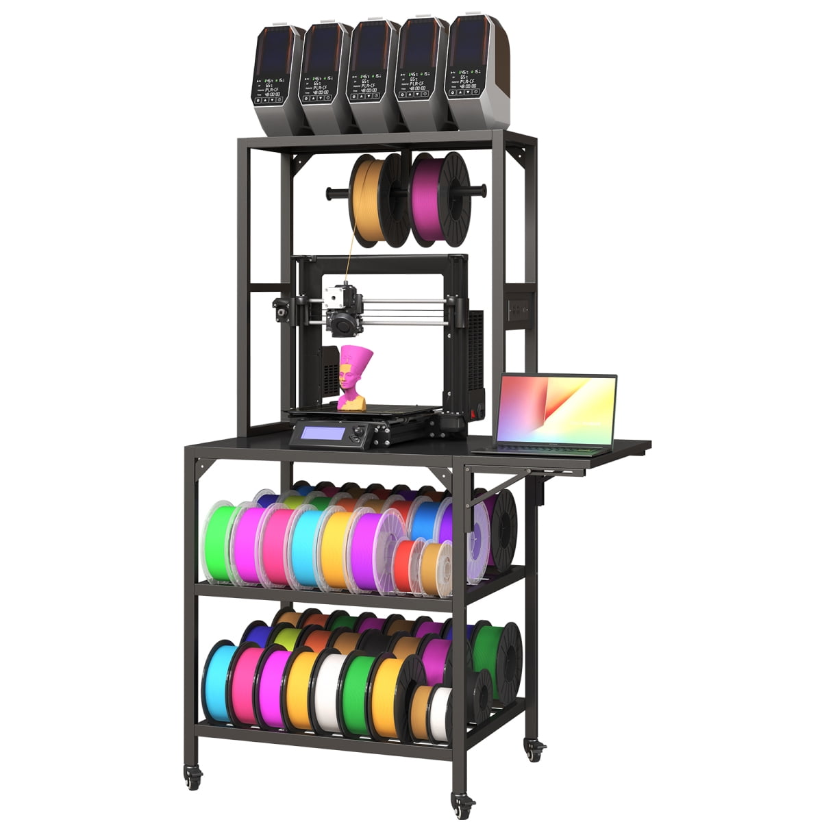 ENTU 3D Printer Stand with Filament Storage Heavy Duty Metal Workstation with T-Type Spool Holder Built-In Power Panel for Home Workshop Black