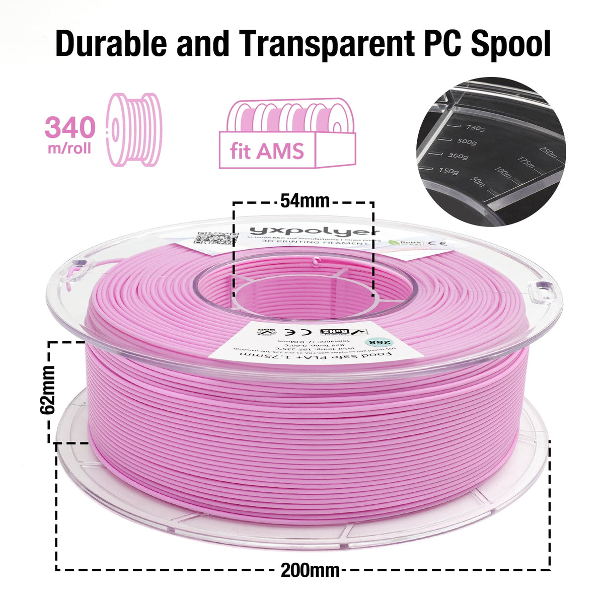 YXPOLYER PLA Filament Food Grade 1.75mm 1kg for 3D Printing, PLA+ Skin Flesh Tone 3D Printer Filament AMS-Compatible