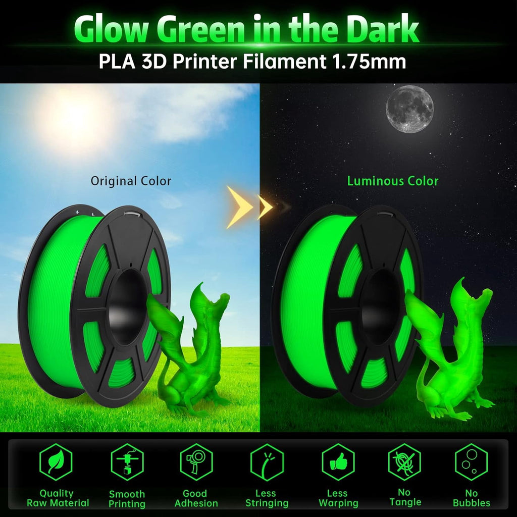 Glow in Dark PLA 3D Printer Filament, 250g Spool, High Precision +/- 0.03mm, Luminous green